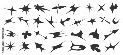 Y2k star shapes. Futuristic pop modern dynamic forms, contemporary y2k abstract forms with sparks. Vector brutalist sci-fi glowing stars collection