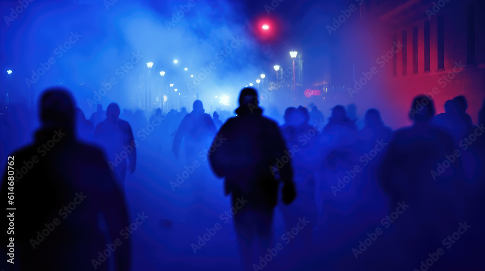 Fototapeta premium Red-blue police flasher, siluets of rioting people. Generative AI
