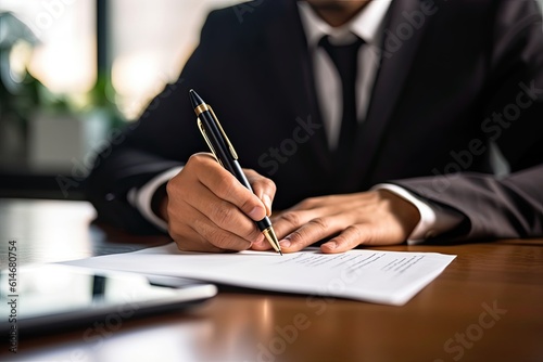 Businessman Writing On Paper Report In Office