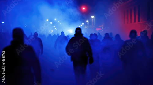 Red-blue police flasher  siluets of rioting people. Generative AI