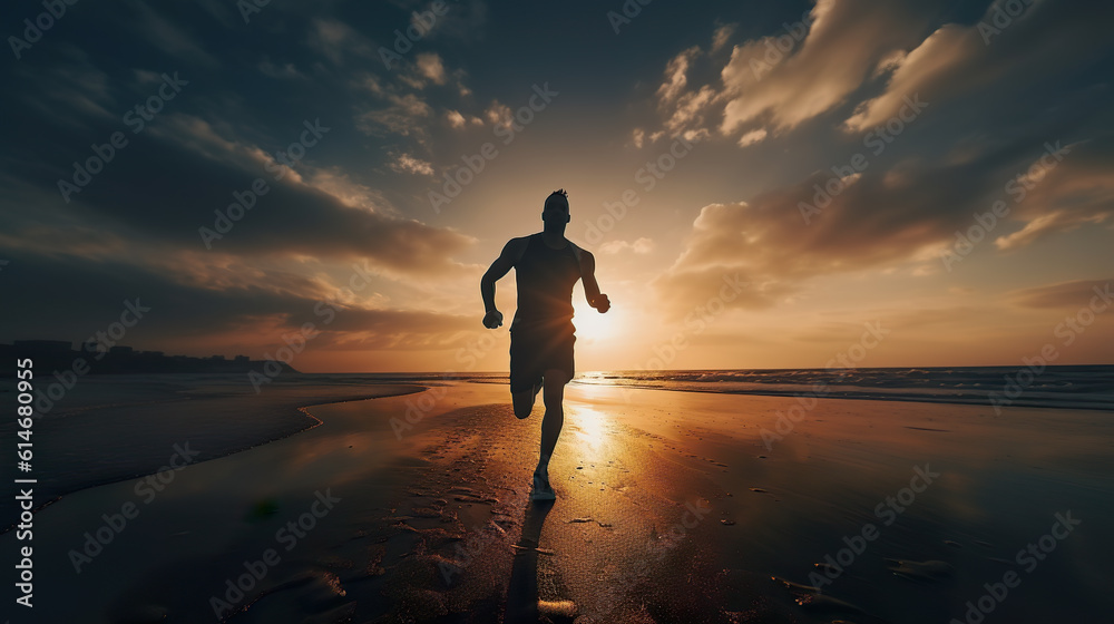 silhouette of athlete running on the beach