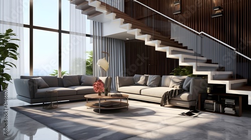 Modern Luxury Living Room Interior with Gray Marble Staircase, Tempered Glass Panel, Black Steel Handrail, Sunlit Beige Walls, and Sofa on Granite Floor 3D Background - ai generated