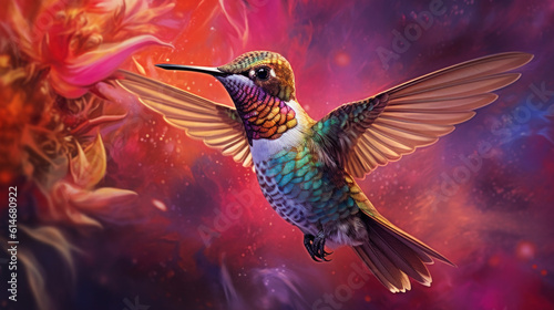 The hummingbird and flower in the colorful background 