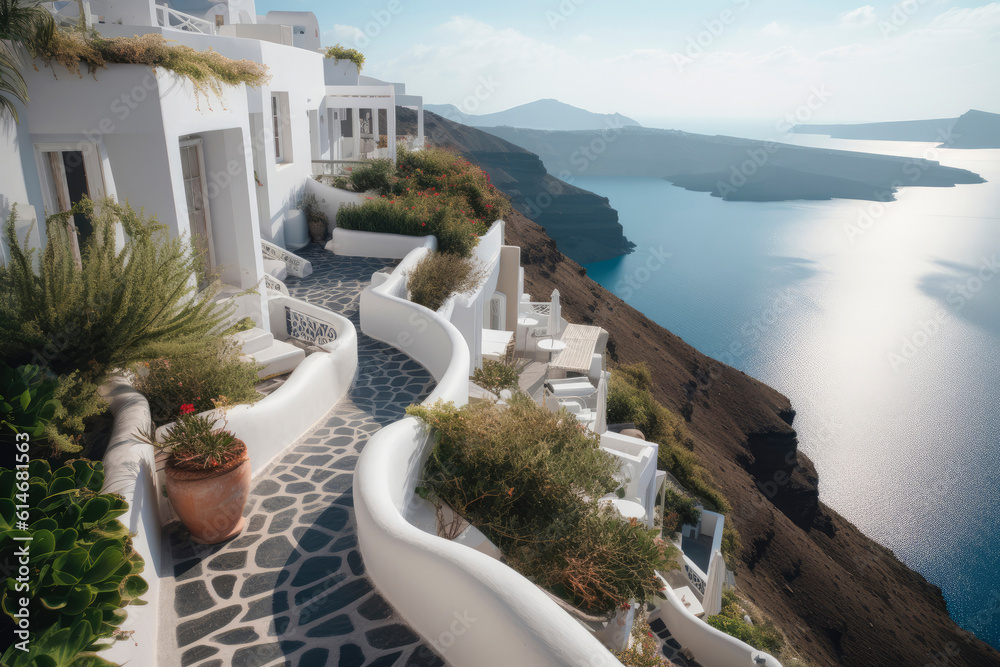 Fototapeta premium Cozy mediterranean street. Modern white elegant greek house exterior with sea view, blue door and blooming plant climbing a wall. Traditional villa of Santorini. Generative AI, human enhanced