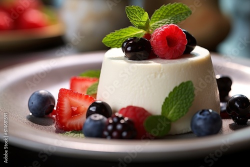 Panna Cotta garnished with fresh berries and mint leaves on a white plate