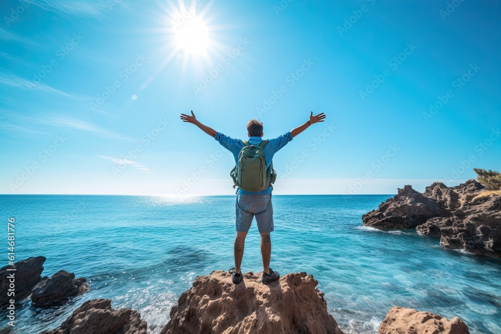 Happy Man with Arms Up Enjoying Freedom On The Beach