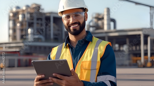 An engineer working at power plant, holding a tablet. Generative AI. photo
