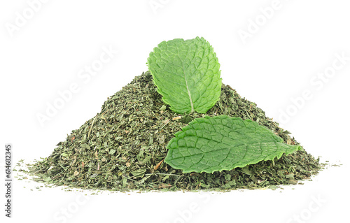 Fresh mint leaves with pile of dried mint isolated on a white background