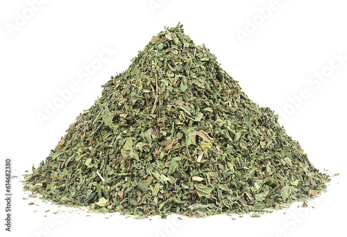 Pile of dried and crushed mint isolated on a white background. Peppermint. Menthol. photo