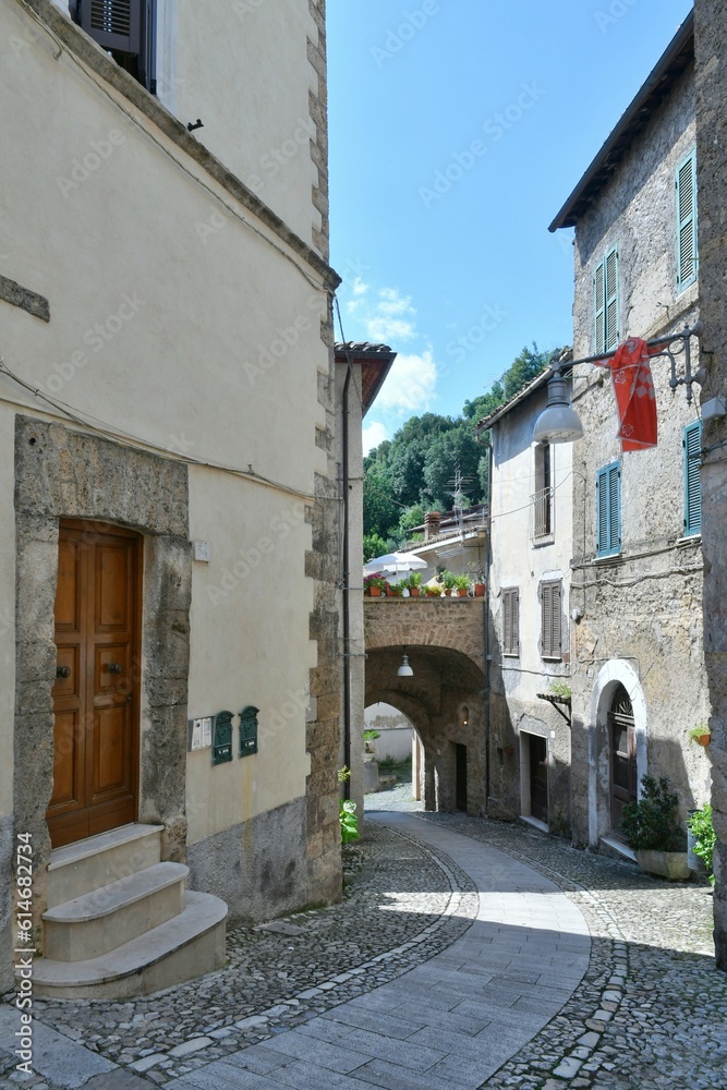 A narrow street in Subiaco, a medieval town near Rome, Italy.