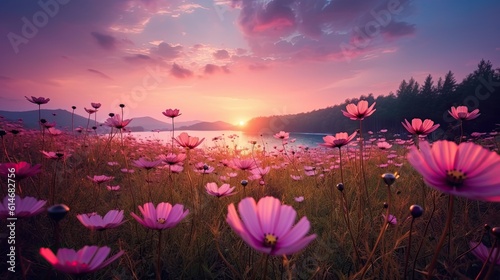 Beautiful Pink Cosmos Nature Landscape with Sunrise