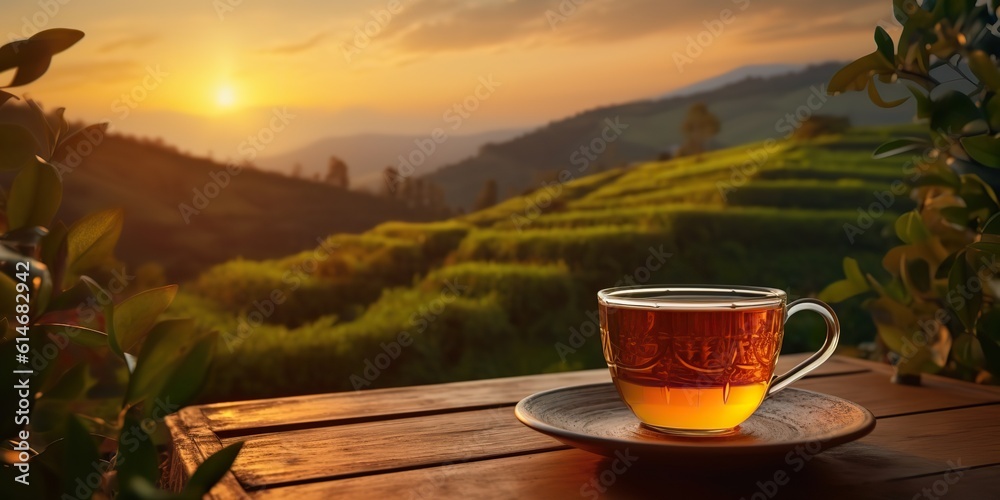 AI Generated. AI Generative. Cup of green tea with field green plantation mountain background scene. Graphic Art - obrazy, fototapety, plakaty 