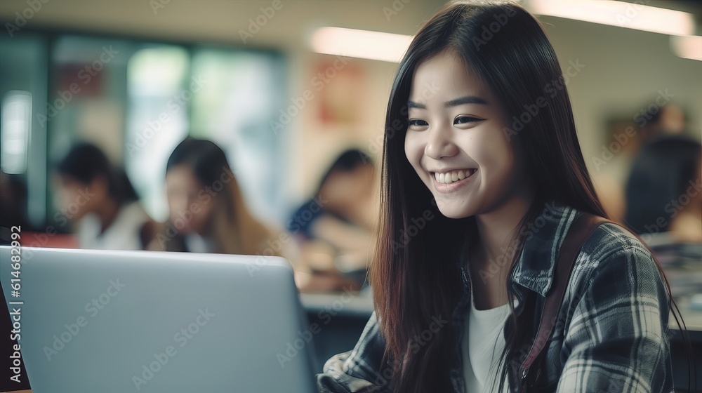 College student using laptop in classroom - empowering education: beautiful high school girl engaged with laptop in classroom - education and school concept, Generative AI College student using laptop in classroom - empowering education: beautiful high school girl engaged with laptop in classroom - education and school concept, Generative AI