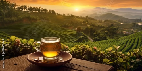 AI Generated. AI Generative. Cup of green tea with field green plantation mountain background scene. Graphic Art
