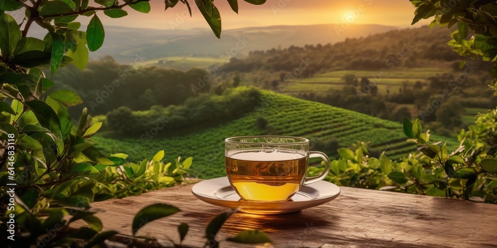 AI Generated. AI Generative. Cup of green tea with field green plantation mountain background scene. Graphic Art - obrazy, fototapety, plakaty 