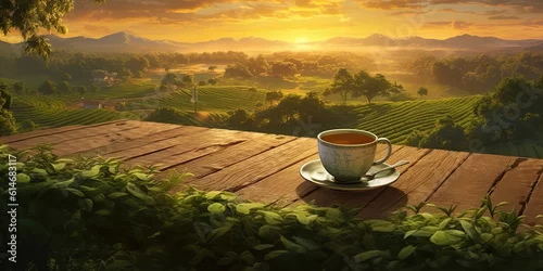 Obraz AI Generated. AI Generative. Cup of green tea with field green plantation mountain background scene. Graphic Art