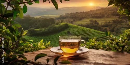 AI Generated. AI Generative. Cup of green tea with field green plantation mountain background scene. Graphic Art
