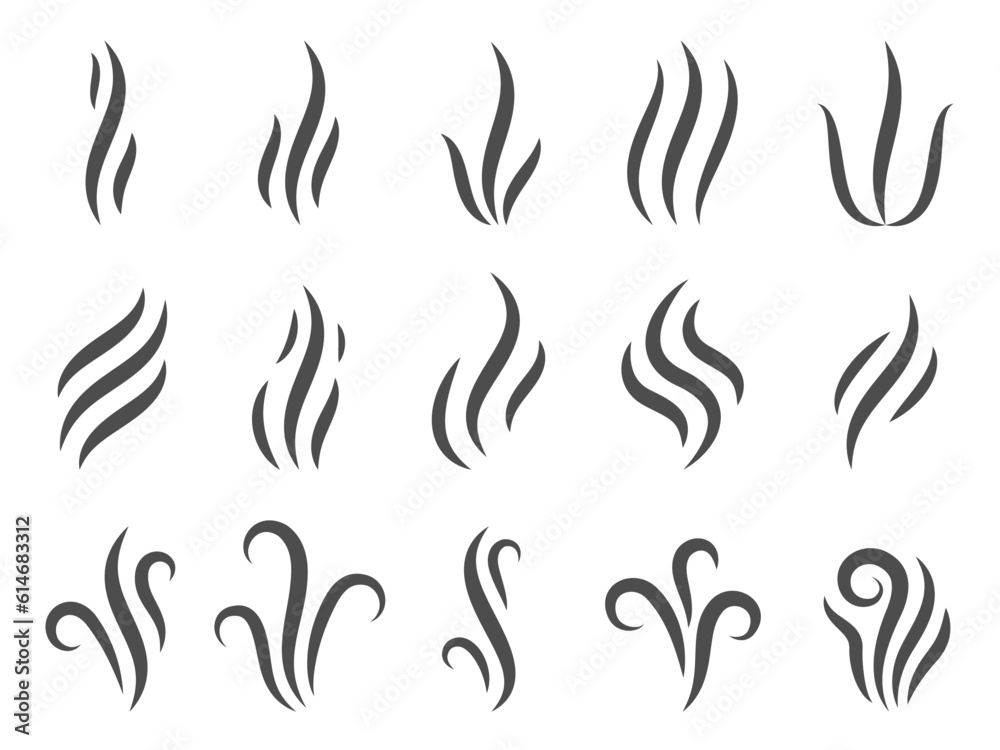 Line steam smoke. Flat black stream of soot fumes, steam cloud and smoke mark for logo symbol design. Vector fume odors logo set Line steam smoke. Flat black stream of soot fumes, steam cloud and smoke mark for logo symbol design. Vector fume odors logo set