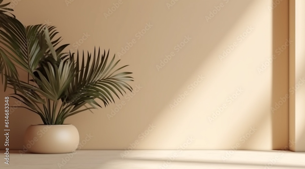 minimal blank beige brown smooth wall with green tropical tree in sunlight, leaf shadow for luxury nature minimal blank beige brown smooth wall with green tropical tree in sunlight, leaf shadow for luxury nature
