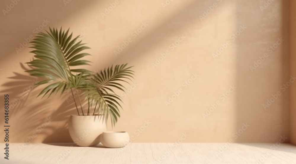 minimal blank beige brown smooth wall with green tropical tree in sunlight, leaf shadow for luxury nature minimal blank beige brown smooth wall with green tropical tree in sunlight, leaf shadow for luxury nature