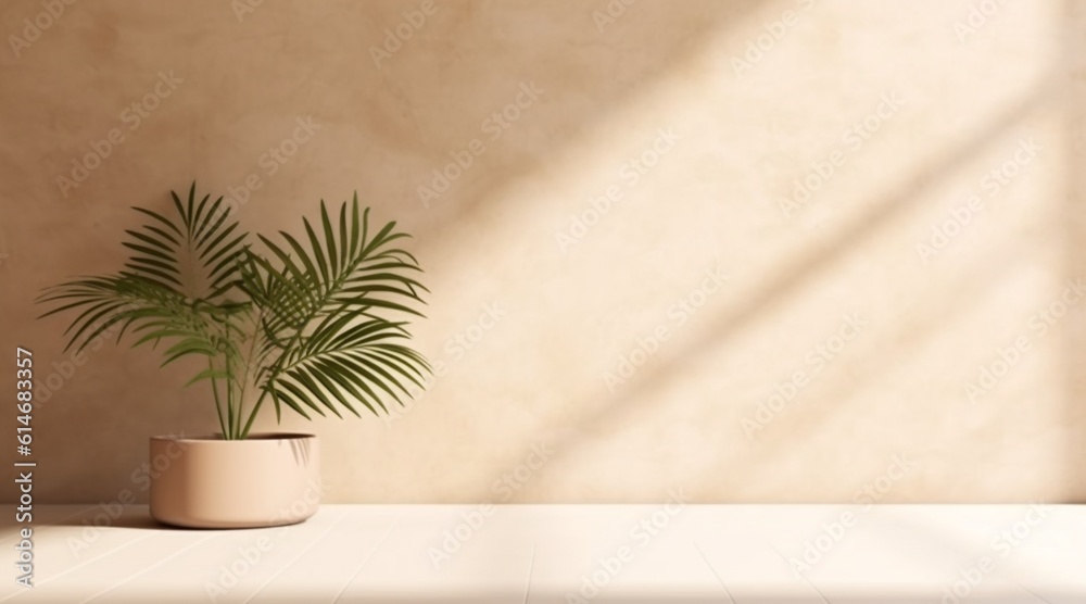 minimal blank beige brown smooth wall with green tropical tree in sunlight, leaf shadow for luxury nature minimal blank beige brown smooth wall with green tropical tree in sunlight, leaf shadow for luxury nature