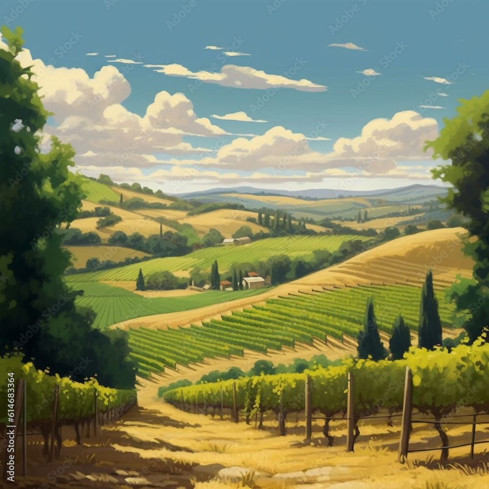 Fototapeta premium A picturesque vineyard basking in the summer sun, with rows of grapevines stretching into the distance Generative AI