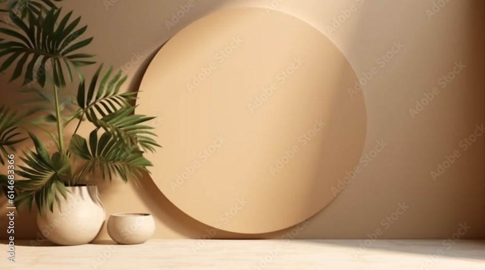 minimal blank beige brown smooth wall with green tropical tree in sunlight, leaf shadow for luxury nature minimal blank beige brown smooth wall with green tropical tree in sunlight, leaf shadow for luxury nature