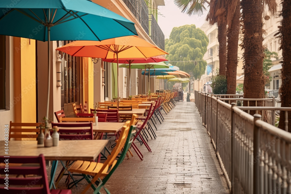 An empty outdoor cafe with colorful umbrellas and tables set for a leisurely meal Generative AI