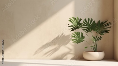 minimal blank beige brown smooth wall with green tropical tree in sunlight  leaf shadow for luxury nature