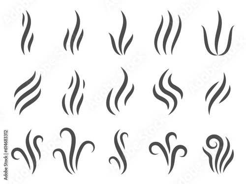 Line steam smoke. Flat black stream of soot fumes, steam cloud and smoke mark for logo symbol design. Vector fume odors logo set