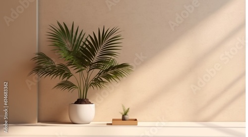 minimal blank beige brown smooth wall with green tropical tree in sunlight, leaf shadow for luxury nature