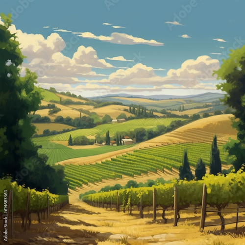 A picturesque vineyard basking in the summer sun, with rows of grapevines stretching into the distance Generative AI