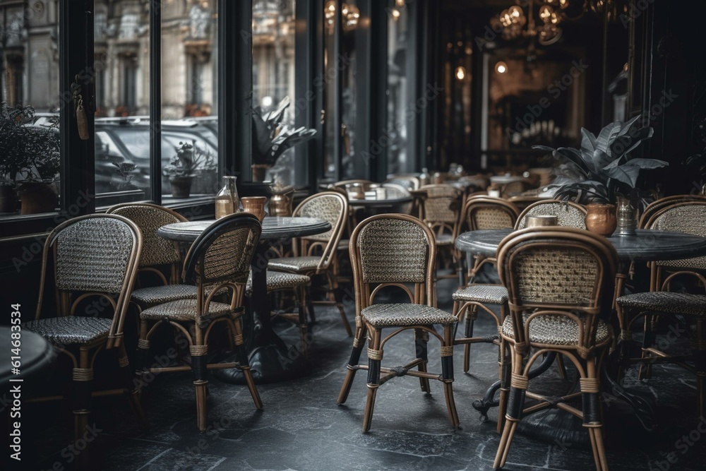 Tables and chairs at a French café. Generative AI