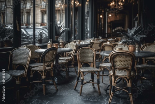 Tables and chairs at a French café. Generative AI