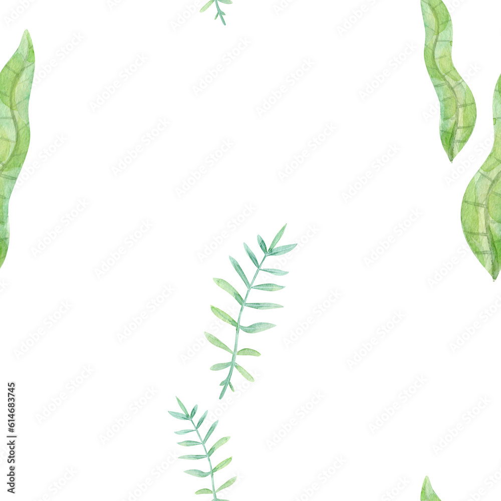  Watercolor Seamless Pattern with Green Leaves