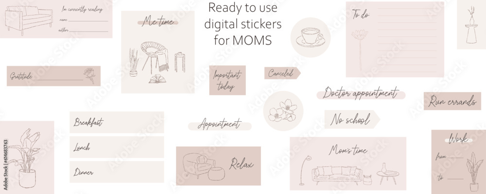 Mom's digital stickers. Digital note papers and stickers for digital bullet journaling or planning. Ready to use digital stickers for mothers. Hand lettering. Minimal style. Vector art.