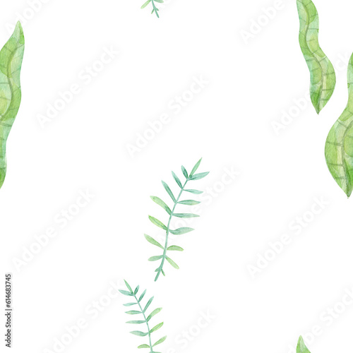  Watercolor Seamless Pattern with Green Leaves