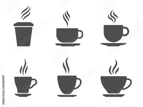 Cup with steam icon. Coffee cup with steam, black silhouette mug with espresso, hot vapouring drink. Vector flat set