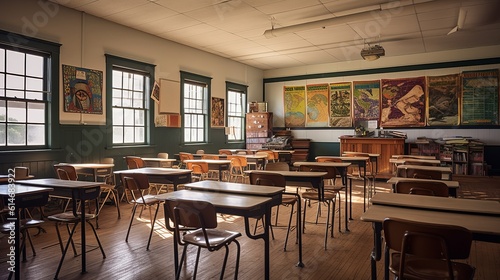 Captivating interior: exploring a traditional school classroom with rustic wooden flooring and furniture - education and school concept, Generative AI