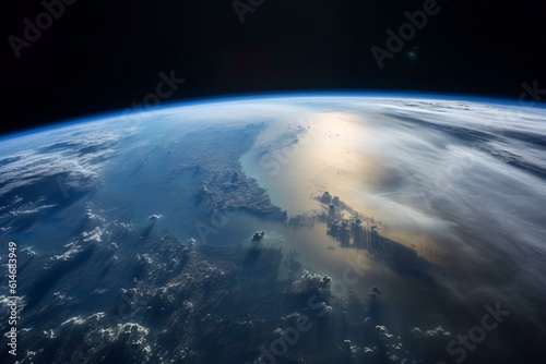 Astronaut's view of Earth from space, with clouds and satellites. Generative AI