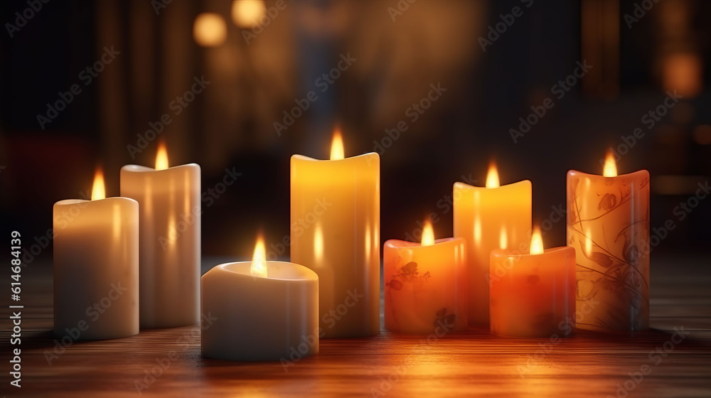 Illustration of lit candles on wooden table creating a cozy and warm ambiance Illustration of lit candles on wooden table creating a cozy and warm ambiance