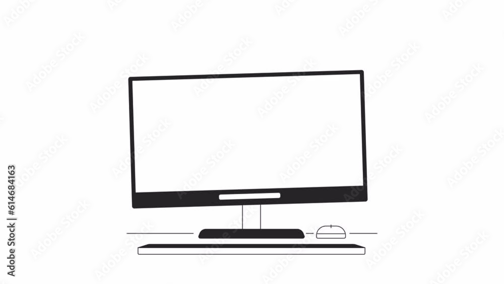Crashed pc monitor bw animation. Flat outline style icon 4K video footage for web design. Damaged hardware isolated monochrome thin line animated object on white background, alpha channel transparency
