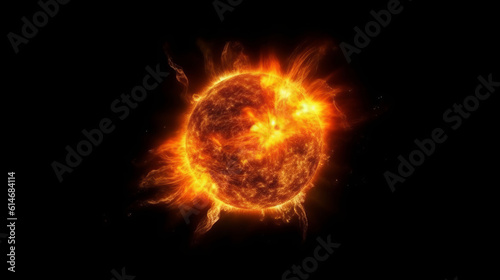 Illustration of a bright sun shining in a dark and black sky