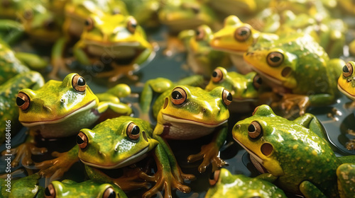 Canvas Print Illustration of group of green frogs sitting together in a pond