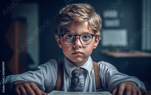 A young schoolboy with a serious look is sitting at the desk ready to follow the lesson