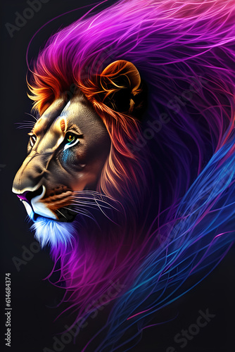 Light neon art portrait of a Lion. Generative AI