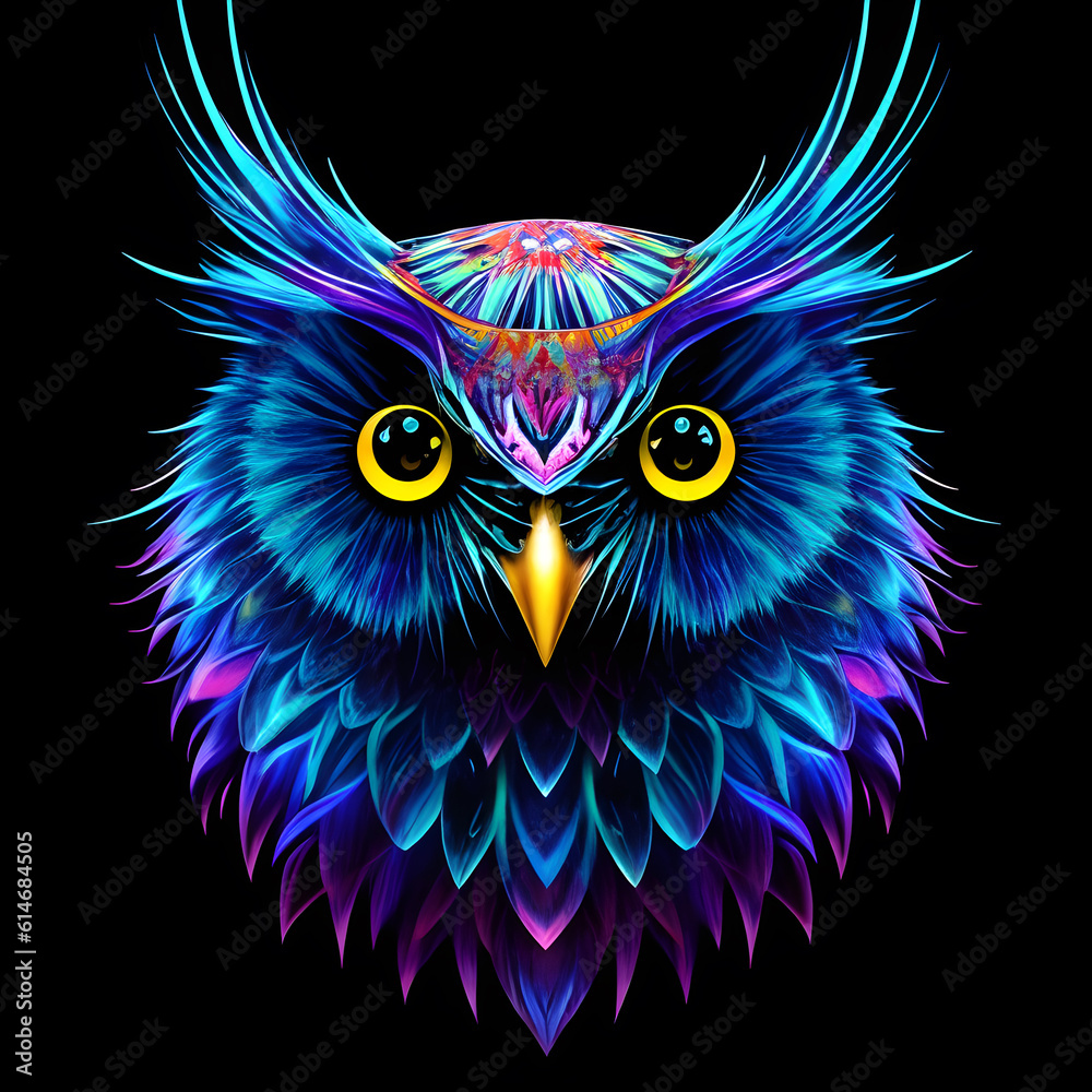 Light neon style art portrait of a owl, Generative AI