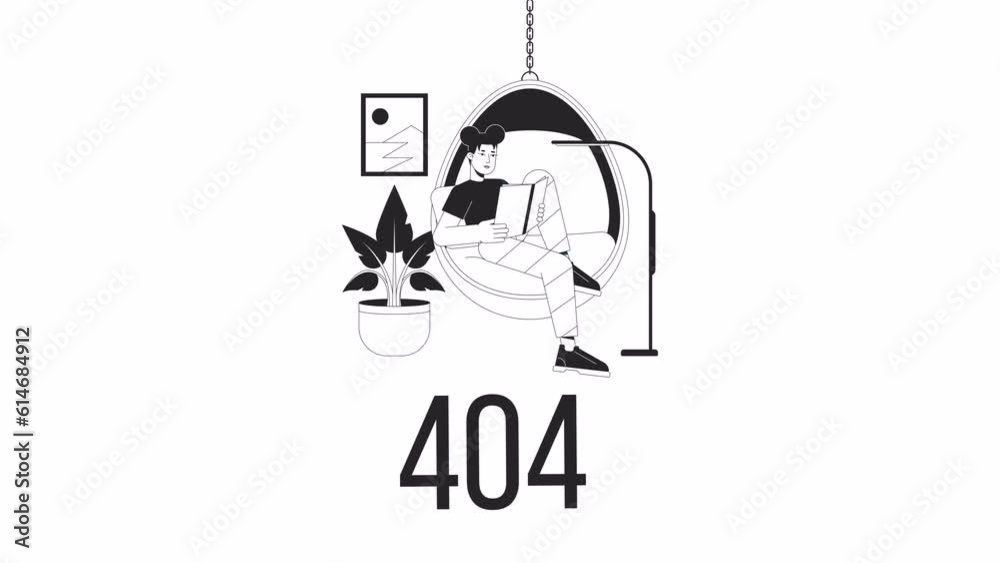 Reading book bw 404 error animation. Asian girl in rattan swing. Empty state 4K video concept footage, alpha channel transparency. Outline monochrome page not found flash message for UI, UX web design Reading book bw 404 error animation. Asian girl in rattan swing. Empty state 4K video concept footage, alpha channel transparency. Outline monochrome page not found flash message for UI, UX web design