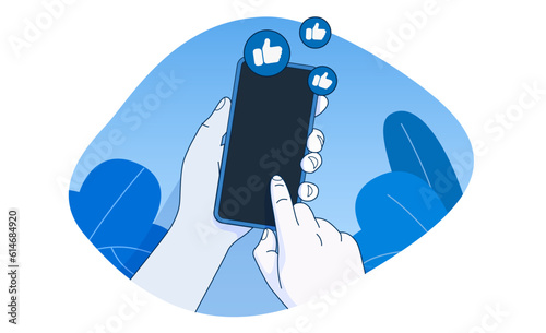 Hand holding mobile smartphone with Likes notification icons. Social media and marketing concept.