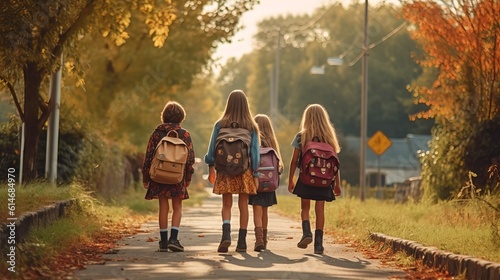 School friends: charming four of students walking with backpacks after class - education and school concept, Generative AI © Ameer